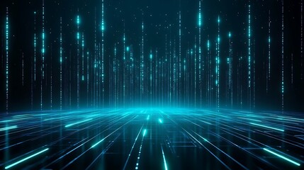 Futuristic digital landscape with glowing lines and matrix-like vertical light arrays, resembling a high-tech virtual environment.