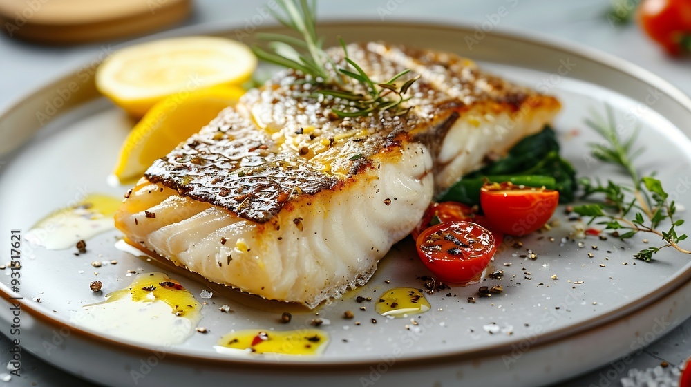 Poster take a photo by smart phone of sea bass fillet steak with lemon sauce served with vegetable on plate