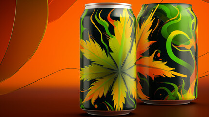 Vibrant Autumn Leaf Design on Energy Drink Can with Dynamic Flame and Wave Motifs