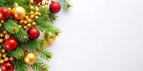 Festive Christmas border with red and gold baubles and ornaments on a white background with copy space. Perfect for holiday greetings, cards, and website banners.