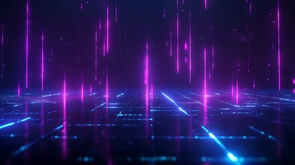 Naklejka premium Futuristic digital landscape with glowing neon lights and abstract grid patterns, representing technology, data flow, and innovation.