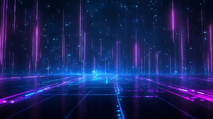 Futuristic digital landscape with glowing neon lines and virtual grid pattern, depicting a sci-fi environment and modern technology.