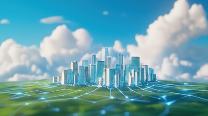 Fototapeta premium A vibrant city skyline with futuristic architecture, surrounded by lush greenery and connected through a digital network.