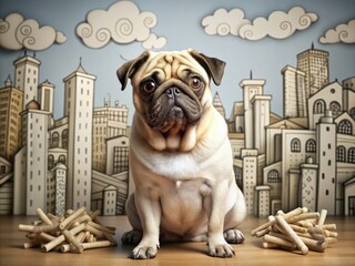 quirky pug surrounded by scattered oversized bones whimsical hand-drawn cartoon-inspired cityscape