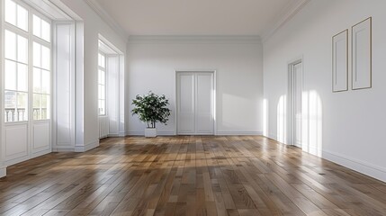 Obraz premium Interior of empty spacious living room with white walls and laminated floor with doors leading to balcony : Generative AI