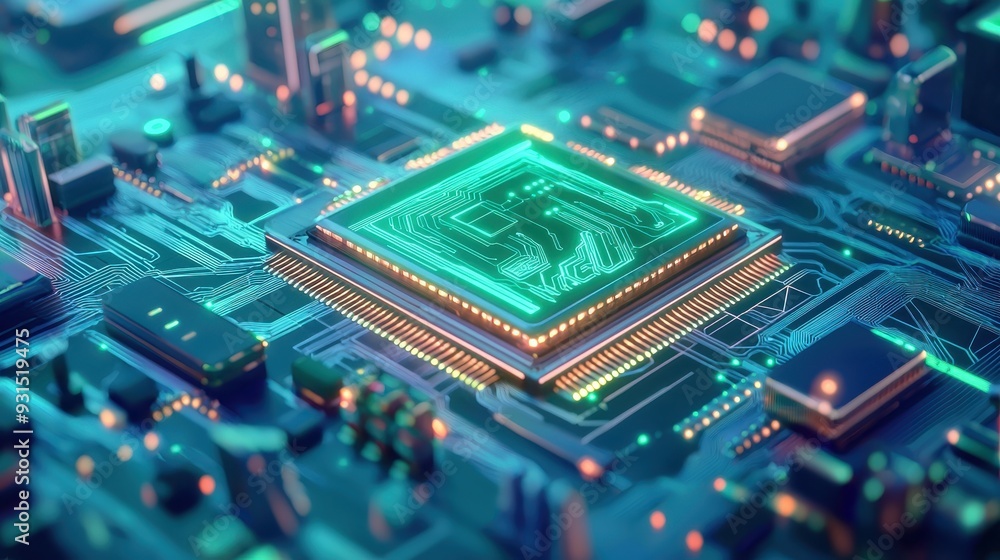 Poster close-up of a futuristic microprocessor and motherboard circuit, showcasing intricate details and vi