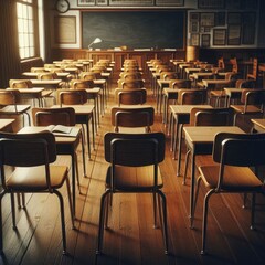 Fototapeta premium Empty classroom with vintage tone wooden chairs. Back to school concept.