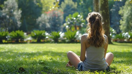 Obraz premium Female Caucasian lady sits on the grass in Brera botanical garden part of the Academy complex Milan city center Italy Having rest thinking Relaxation in park in summer Copy space : Generative AI