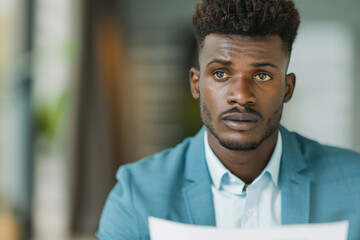 Obraz premium Pensive man in formal attire holding documents, sitting indoors with a thoughtful expression, reflecting on important decisions or an upcoming interview.
