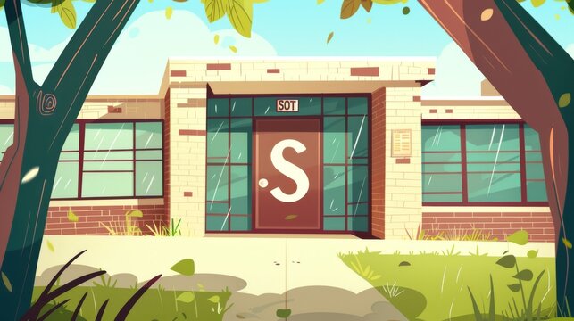 Day of knowledge cartoon background in red, green, bright colours with clear blue sky clouds. High school comic style illustration.