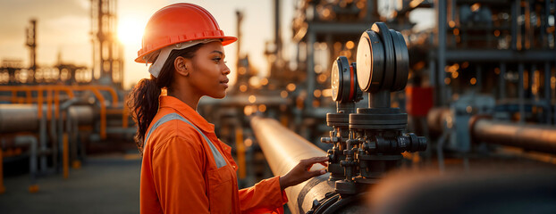 Professional young female engineer working at a modern oil refinery