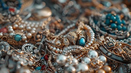 Scattering of different jewelry on a flea market counter : Generative AI
