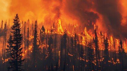 Powerful image of a wildfire raging through a forest symbolizing the increasing frequency of such events due to climate change