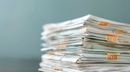 Stacked paperwork, disorganized documents with labels and faded edges, representing a busy office or cluttered workspace needing sorting and organization.