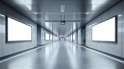 A high-ceilinged train station with blank billboards on the walls, soft, diffused lighting from hanging fixtures, wide, uncluttered walkways, and a serene atmosphere, with a focus on the emptiness