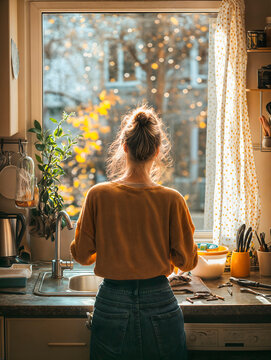 Young woman carrying out DIY in her kitchen fixing a sink with tools and bright sunlight shining in