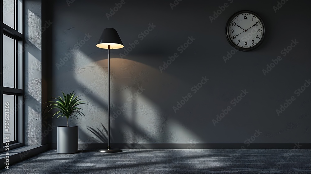 Aufkleber Grey empty room with black clock lamp and niche carpet style office style : Generative AI