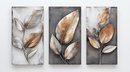 set of three abstract wall art panels with leaves