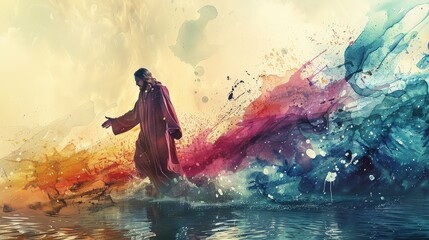 Fototapeta premium Jesus walking on water depicted in dynamic watercolor splashes