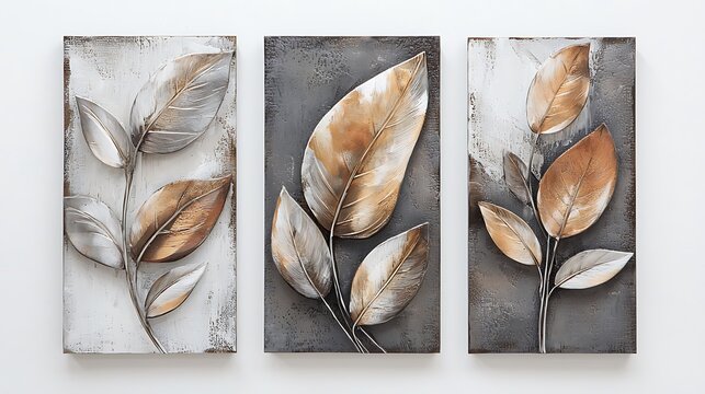Naklejki set of three abstract wall art panels with leaves