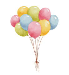 Watercolor balloons bunch. Hand drawn cute color illustration for birthday card.