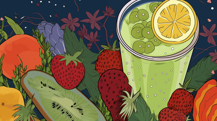 Green Lemonade Glass Surrounded by Strawberries Kiwi and Exotic Fruits on a Dark Background