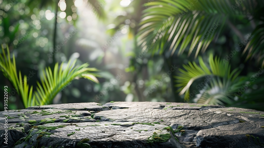 Poster stone table top in jungle forest with blur palm tree natural tropical scene for organic product plac
