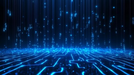 Obraz premium Futuristic digital technology background with glowing blue circuit lines and binary rain, representing data flow and cyber connectivity.
