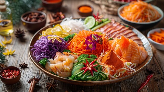 chinese new year asian local Malaysia yu sheng lo hei colorful salad vegan abalone salmon sweet sauce powder platter on wood table halal asian food restaurant banquet cafe menu : Generative AI