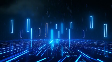 Obraz premium Futuristic glowing blue digital landscape with neon lights and grid lines, evoking themes of technology, innovation, and cyber environments.