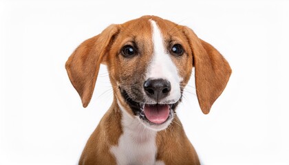 笑顔のイビザン・ハウンドの子犬のポートレート（Portrait of a smiling Ibizan Hound puppy on white background）
