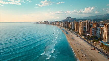 Fototapeta premium Aerial drone photo of the beautiful town of Benidorm in Spain showing the south beach Promenade golden sandy beach and apartments on a sunny summers day with a blue sky and a few cloud : Generative AI