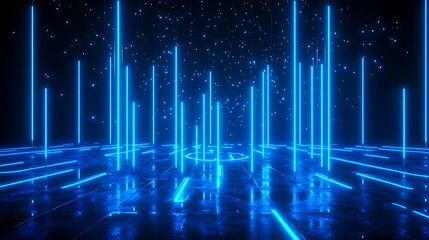 Futuristic glowing blue neon lines extending from the surface, vibrant digital backdrop, modern technology background.