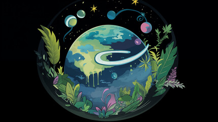 Earth Surrounded By Vibrant Leaves And Floating Planets In A Mystical Night Sky