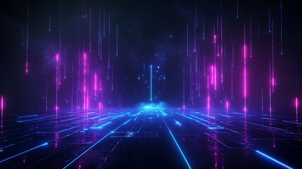 Futuristic glowing digital landscape with neon lights, abstract technology and cyber concept, perfect for backgrounds and web design.