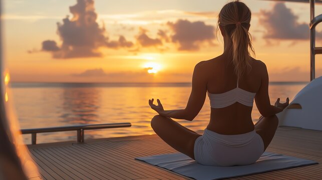 A woman sits on the back of a boat in a yoga pose, watching the sunset over the ocean.