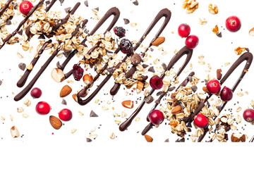 Detailed view of cereal granola muesli with dark chocolate drizzle, packed with cranberries, walnuts, and nut berries, scattered on a white background