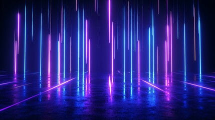 Futuristic glowing neon lights in a dark reflective space, creating an abstract and vibrant background with purple and blue hues.