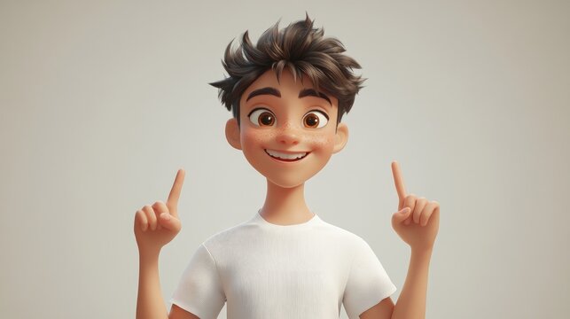 3D cartoon of a young non binary character in a casual white t shirt smiling happily winking at the camera and making a victory sign with their fingers