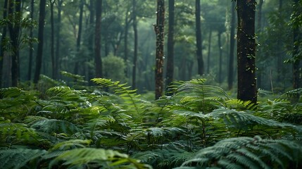 Fresh  green  Lygodium  ferns   Yanliphao perhed  on  the  trees  in  swamp  forest  wetlands Rayong  Botanic  Garden famous  attractions  landmark Rayong  ProvinceThailand : Generative AI