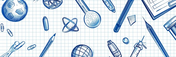 Background with doodles of school supplies drawn by a pen on a notebook sheet in a seamless pattern for education and science concepts.
