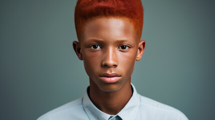 Portrait of a serious troubled African American red-haired teenager guy with perfect skin, silver background, banner.