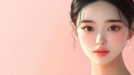 Naklejka premium 3D Cartoon of a Young Asian Woman with K Beauty Makeup and Flawless Skin for Skincare Product Advertisement