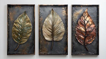 Set of three abstract leaf wall art panels