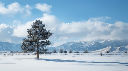 Lone pine tree in a snowy landscape with distant mountains