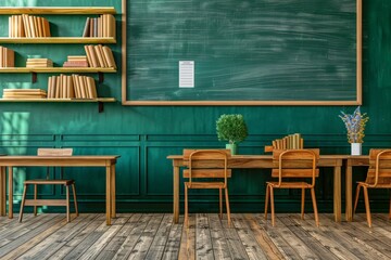 Creating an empty classroom with many desks and shelves with Stock
