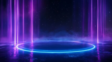 Futuristic neon circle with vibrant pink and blue light beams meeting on a reflective surface, creating a sci-fi virtual setting.