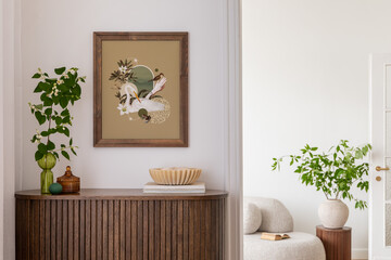 Stylish interior with a wooden cabinet adorned with potted plants, decorative objects, and books. A vibrant art piece featuring a sunburst design adds a pop of color. Cozy seating area. Template.