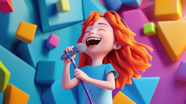 3D cartoon of a young red haired girl singing into a microphone on a bright background