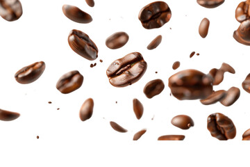 Detailed view of many brown coffee beans flying through the air, isolated on a pristine white background, capturing their dynamic motion and rich hue